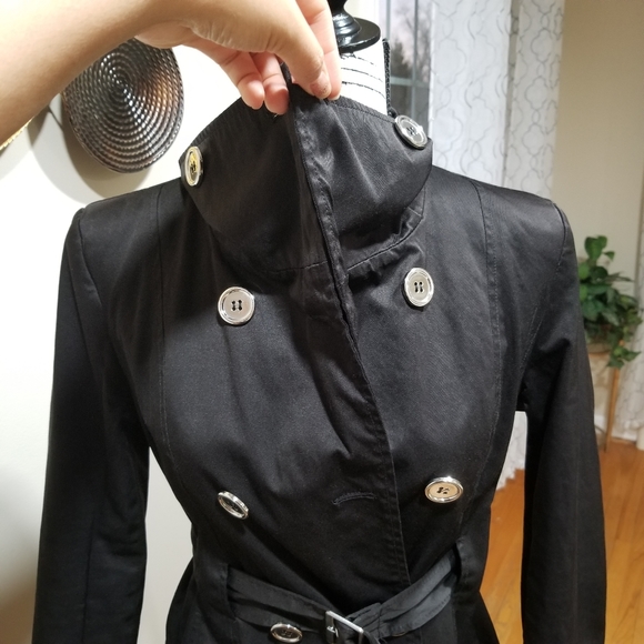 CHARLES KLEIN Trech Coat Military Style Color Black SIZE S, with silver buttons. - Picture 5 of 17